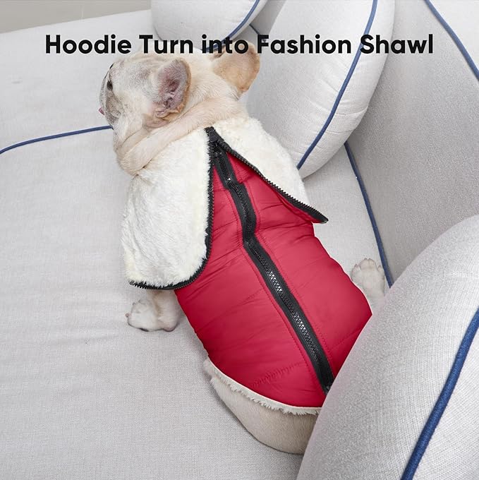 Fleece Lining Dog Hoodie with Harness Built in,Extra Warm Small Dog Jacket in Winter Puppy Coats with Hooded,Red S