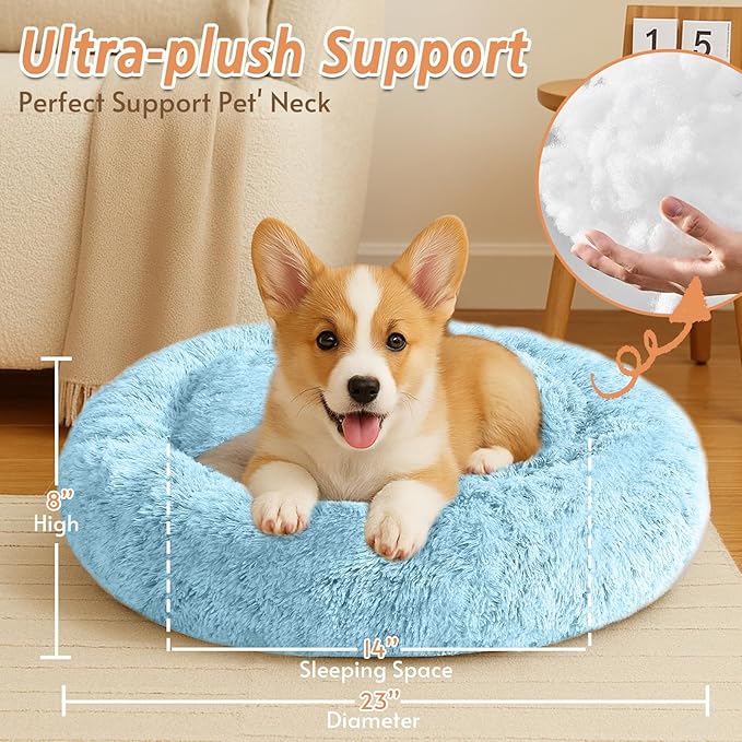 JOLLYVOGUE Calming Dog Bed for Small Dogs - 23 inches Donut Washable Small Dog Bed for Kittens & Puppies, Anti-Slip Round Fluffy Plush Faux Fur Cat Beds (Fits up to 25 lbs Pets, Light Blue)