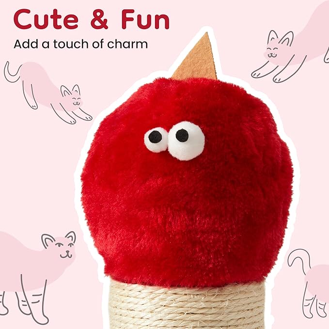 Indoor Cat Scratching Post: 22 in Tall Cat Scratcher with Natural Sisal Rope, Cute Monster Design Kitty Pet Tower with Sturdy Wood Base, Great Gift for Small and Large Kittens, Red
