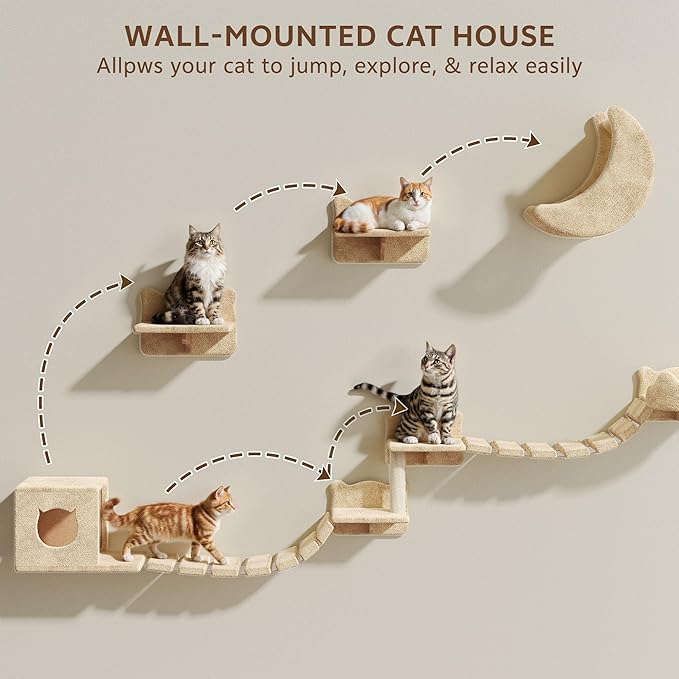 20-in-1 Cat Wall Shelves, Wall Mounted Pet Furniture w/Plush Fabric, Cat Climbing Wall System, 63'' Cats Tower w/Scratching Posts, Cats Shelf with 40''L Tunnel, Condos, House, Step and Ladder