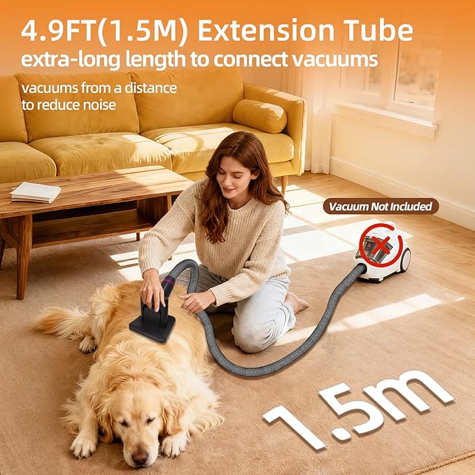 Dog Brush Vacuum Attachment, Dog Grooming Vacuum Attachment (Vacuum Not Included), Pet Grooming Tool for Dogs & Cats Compatible with 1–1.5" Round Port Vacuums, with Extension Hose