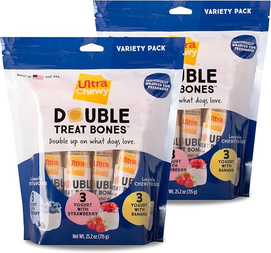Ultra Chewy Yogurt Double Treat Bones: Strawberry, Blueberry and Banana, Long-Lasting Dog Treats Made in USA for Large and Small Breeds, Highly Digestible (2 Packs)