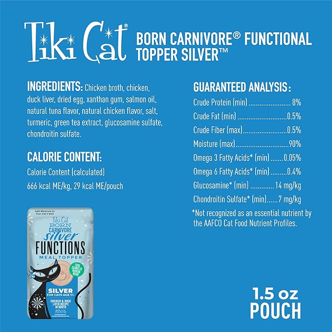 Tiki Cat Born Carnivore Functions Silver, Chicken & Duck Liver Recipe in Broth, High Protein Formulated for Senior Cat Diets, Mousse Cat Food Topper for Older Cats 11+, 1.5 oz. Pouch (12 Count)