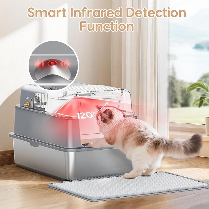 L7 Ultra-Stainless Steel Litter Box with Smart Odor Control System, XXL Extra Large Enclosed Metal Cat Litter Box with Lid for Kitty&Big Cats, High Sided Enclosure with Scoop & Mat, Anti-Leakage-Grey