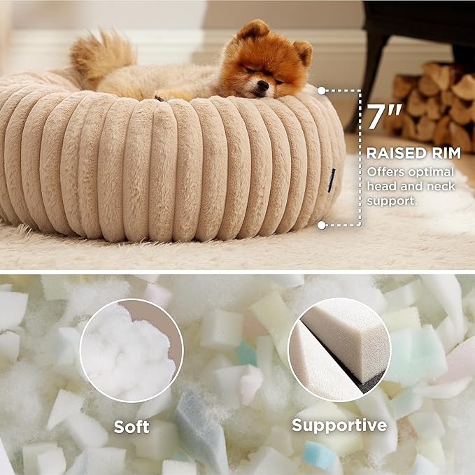 Bedsure Donut Small Dog Bed - Dog Beds for Small Dogs with Corduroy Fleece & Anti Slip Bottom, Round Faux Fur Pet Beds with Washable Removable Cover, Sandy Beige, 23x23x7 inches