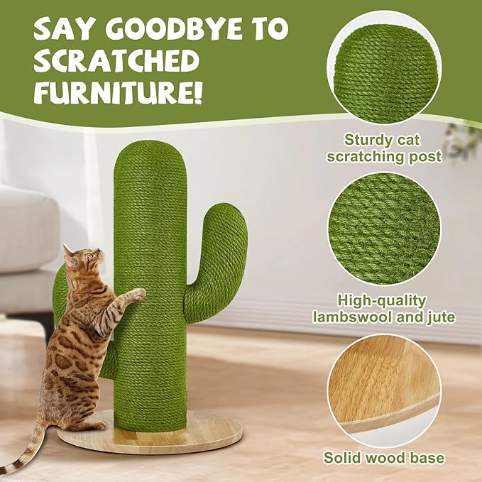 Cat Scratching Post with Solid Wood Base,39.37" Hx17.71 Lx17.71 W Tall Scratching Posts for Indoor Cats Adults,Cactus Thick Columns,Durable Lambswool and Jute,Large Scratcher Post (Large)