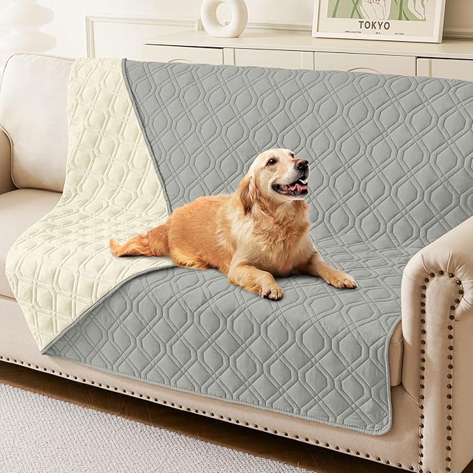 hyha Waterproof Dog Bed Blanket, Soft Pet Blankets, Waterproof Couch Cover for Dogs, Reversible Sofa Covers Washable for Furniture (52x82 Inch, Grey/Beige)