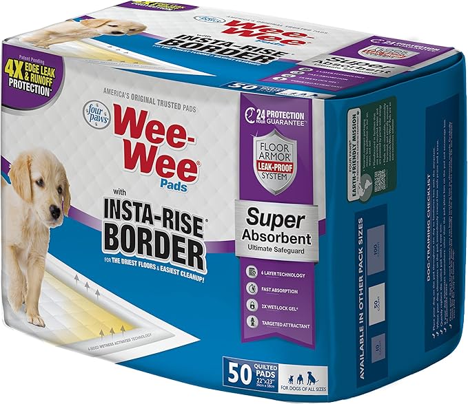 Four Paws Wee-Wee Super Absorbent Unscented Pee Pads for Dogs & Puppies with Insta-Rise Border, Leak-Proof Dog Housebreaking Potty Training Floor Protection, 22" x 23", 50 Count