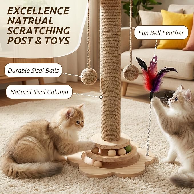 Scratching Post - 4 in 1 Cat Scratch Post, Interactive Cute Small Wooden Cat Scratcher with 2 Level Catnip Toys Balls & 2 Sisal Hanging Balls for Indoor Kitten Kitty