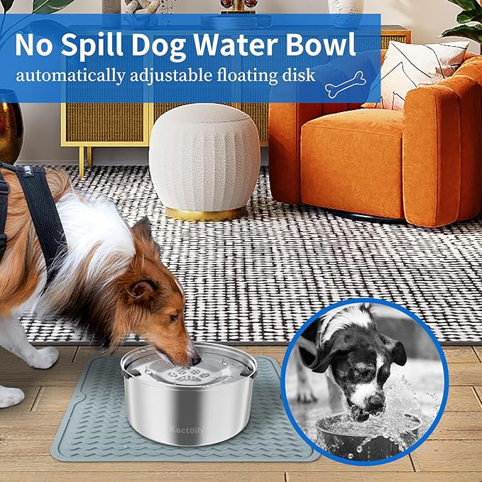 Kactoily 3L Large Capacity Stinless Steel Dog Water Bowl and Waterproof Silicone Dog Food Tray, Slow Down Drinking Pet Water Bowl