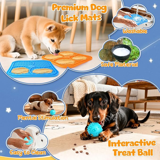 Heartbeat Puppy for Dogs, Lick Mats & Treat Ball– All-Round Calming Kit for Anxiety Relief, Sleep Aid & Behavior Training, Puppy Essentials to Keep Them Busy（4 Pcs）