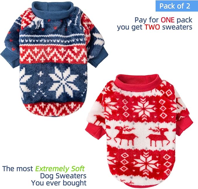 FabriCastle Christmas Dog Sweater, 2-Pack Dog Clothes XXS XS, Ultra Soft and Warm Pet Jackets for Small Dogs & Cats, Winter Pet Apparel Costumes, Puppy Outfits (Red,Blue, X-Small)