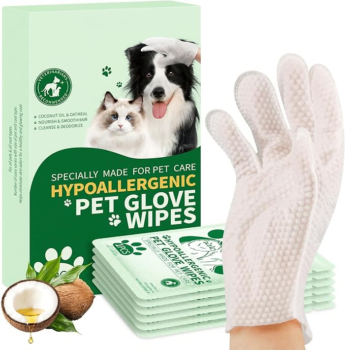 Pet Grooming Glove Wipes for Dogs & Cats, Hypoallergenic Deodorizing Cleansing Wipes with Coconut Oil & Botanical Extracts, Daily & Outdoor Care, 60g Portable and Lightweight (6 Pcs)