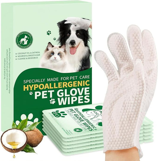 Pet Grooming Glove Wipes for Dogs & Cats, Hypoallergenic Deodorizing Cleansing Wipes with Coconut Oil & Botanical Extracts, Daily & Outdoor Care, 60g Portable and Lightweight (6 Pcs)