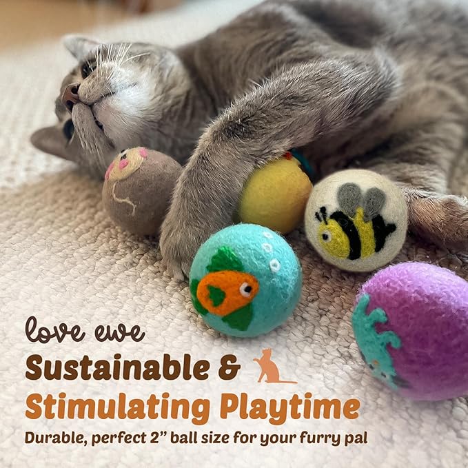 Hustle & Blush Love Ewe Felted Cat Toys 3 Pack - 2 Inch Flower & Bee Hand Made Cute & Fun Design Kitten Wool Felt Balls for Indoor Play & Exercise - 100% New Zealand Handmade - Holiday Pet