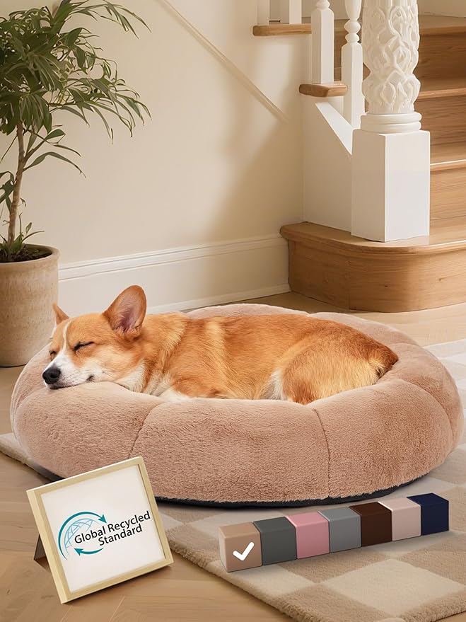 OhGeni 31 inches Calming Donut Orthopedic Dog & Cat Bed for Medium Pets, Warming Comfort Fluffy Short Pile Fur, Durable Waterproof Machine Washable Removable Cover, Cute Round Bed for Puppy, Camel