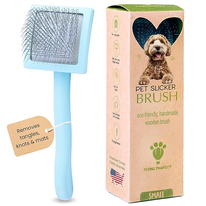 Pet Slicker Brush With Soft Massage Grooming Stainless Steel Pins - For Dematting, Shedding Fur, and Undercoat - Ideal Gift for Professional Pet Groomers - Long Slicker Brush (Blue, Curved Small)