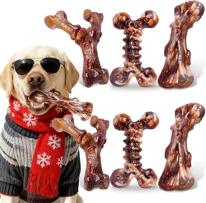 6-Pack Heavy Duty Nylon Dog Chew Toys for Medium Large Dogs, Bacon Flavor, Pure Nylon for Aggressive Chewers, Reduces Boredom, Varied Shapes, Designed for 25-80 lbs Breed Sizes