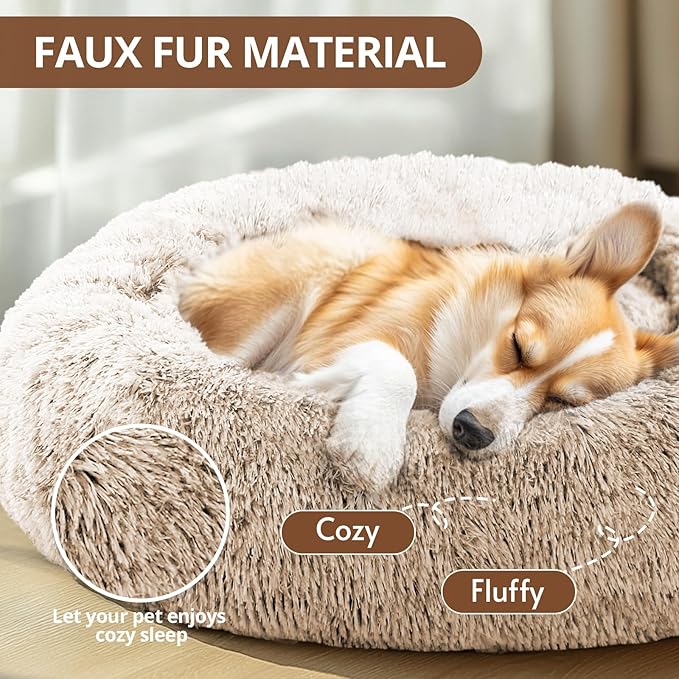 JOLLYVOGUE Calming Dog Bed Medium Size Dog, Anti-Anxiety Donut Medium Pet Bed, 27 inches Fluffy Faux Fur Round Cat Bed (Cream Brown)