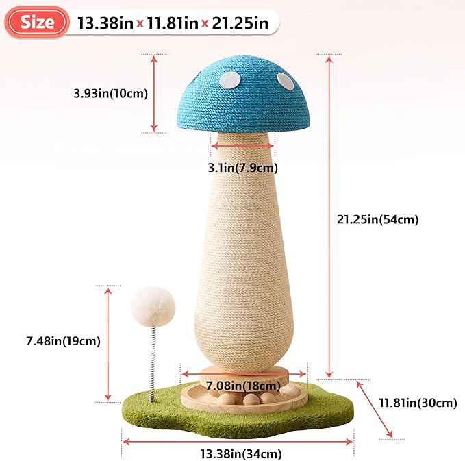 Mushroom Cat Scratching Post Cat Tree, 21.5‘’ H Cute Cat Scratcher Tower with Durable Solid Wood Turntable Toy, Mushroom Scratch Post Cat Sisal Scratcher with Catnip for Indoor Adult Cats-Blue