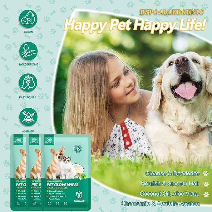 10 PCS Pet Cleaning and Deodorizing Bathing Grooming Glove Wipes for Dogs and Cats, Extra Thick Nourish Fur No-Rinse Grooming Wipes for Daily Care and Travel, Hypoallergenic