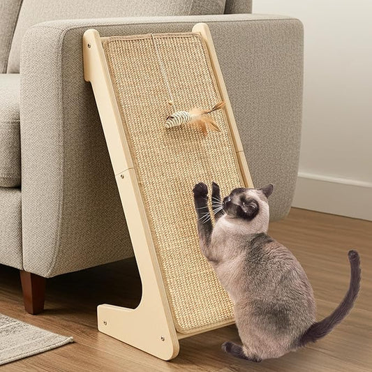 Meeyoview L Shape Cat Scratcher Ramp, 27'' Sisal Scratching Post, Vertical Cat Scratcher for Indoor Cats, Solid Wooden Scratch Board, Furniture Protector with Catnip