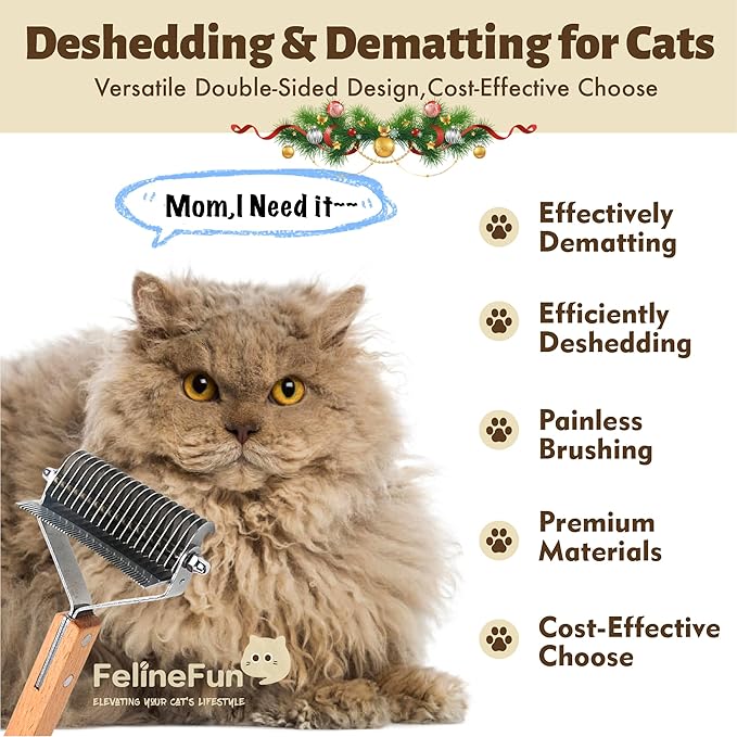 FelineFun Cat Brush for Dematting & Deshedding, 2 in 1 Undercoat Rake, Efficiently Remove Loose Hair & Matted Fur, Professional Shedding Comb for Indoor Cats & Long Haired Cats