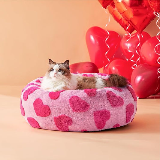 LE SURE Donut Small Dog Bed - Round Cat Beds Indoor Anti-Anxiety Calming Gift for Pets, Washable Cute Modern Beds with Jacquard Shaggy Plush & Anti Slip Bottom, 20 Inch, Heart Pink