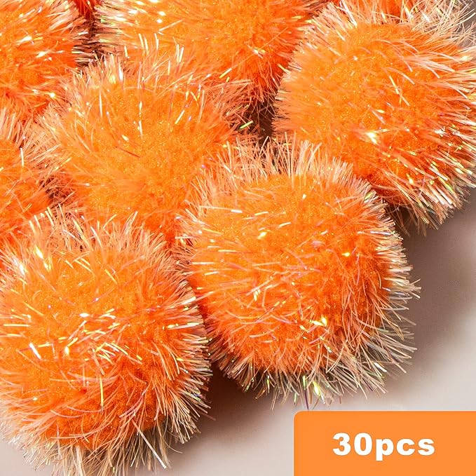 VAPKER 30 Pcs Cat Ball Toys Sparkle Balls Extra Large 2 Inch Cat's Favorite Chase Glitter Ball Glitter Tinsel Pom Poms Balls Orange Color