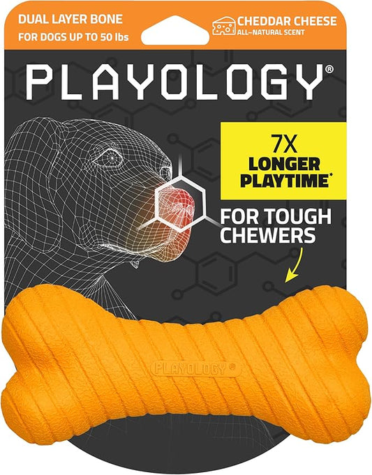 Playology Dog Toys | Dual Layer Bone Durable Chew Toy Bone for Dogs | Medium Cheddar Cheese Scented Toy - Easy to Clean and Made from Non Toxic Materials