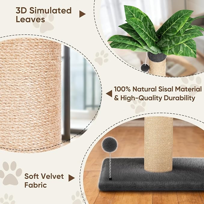 XiaZ Cat Scratching Post 34 Inches Tall, Cat Tower Scratcher Extra Wide 15.8" Stable Base with 2 Interactive Toy Balls, Premium Natural Sisal & Plush Fabric for Any Size Cats (Dark Gray, 4.5in)