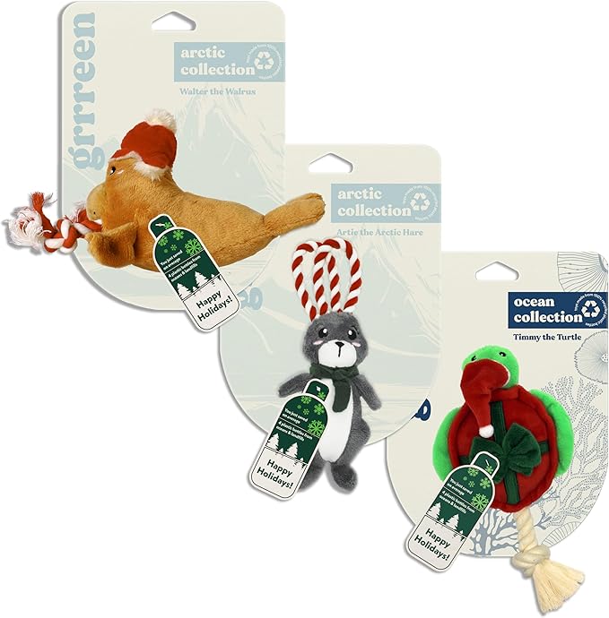 Dog Toys | Holiday Plush Toy Bundle - Walrus, Hare, Turtle Stuffed Animal for Dogs (Value 3-Pack) | Small Eco Friendly Toy - Easy to Clean and Made from Non Toxic Materials