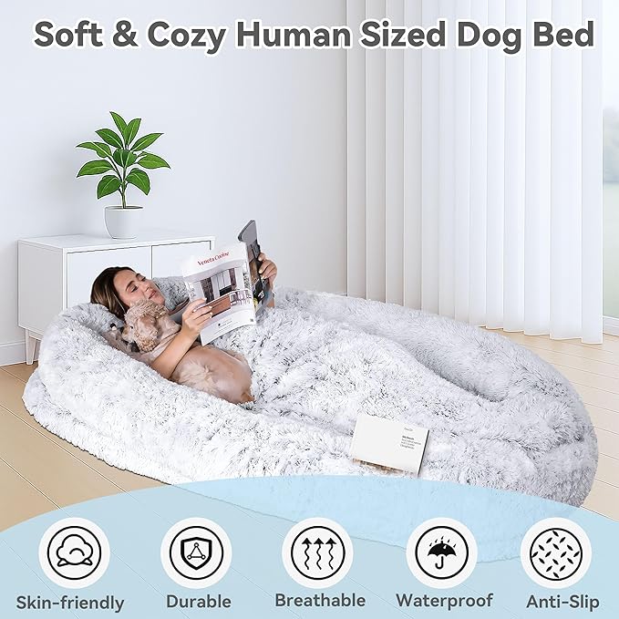 71"x44"x12.5" Human Dog Bed for Adult Faux Fur Washable Human Dog Bed Portable Handle, Egg Orthopedic Foam Human Bed Extra Large with Present Blanket Grey