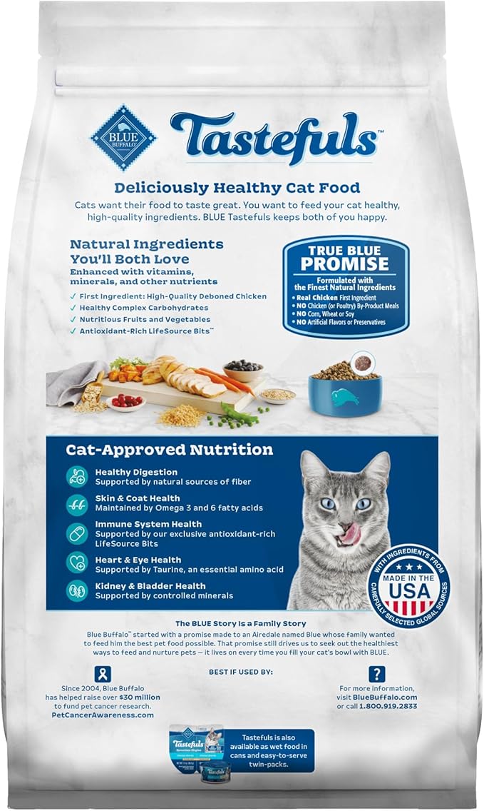 Blue Buffalo Tastefuls Active Cat Dry Cat Food, Made in the USA with Natural Ingredients, Chicken & Brown Rice Recipe, 3-lb. Resealable Bag