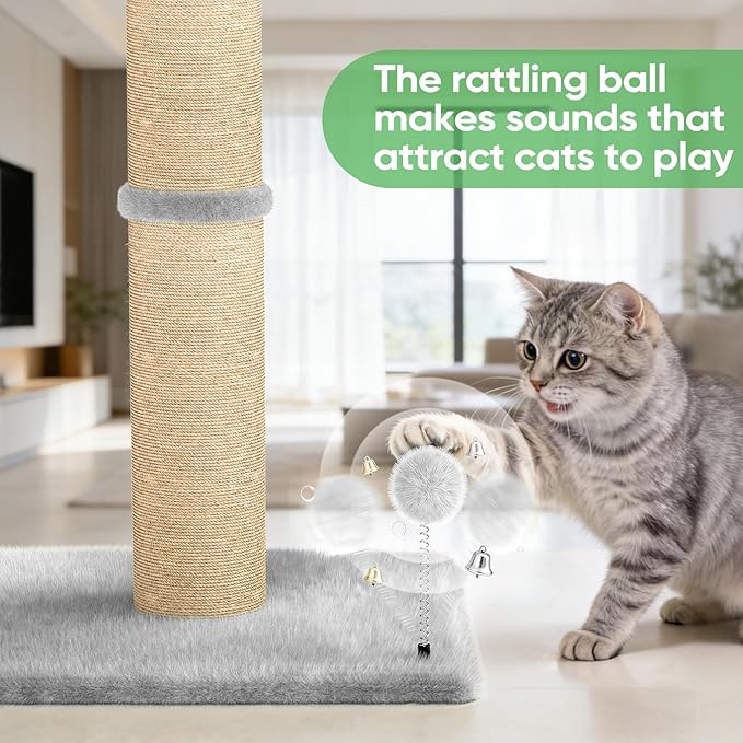 XiaZ Cat Scratching Post 34 Inches Tall, Cat Tower Scratcher Extra Wide 15.8" Stable Base with 2 Interactive Toy Balls, Premium Natural Sisal Pad for Small, Medium Large Cats (Light Gray, 4.5in)