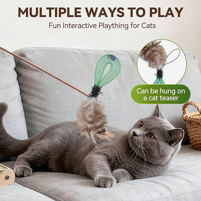 12 Pcs Cat Chew Rope, Interactive Chew Toys Set - Crinkle Jingle Elastic Rope, Gall Fruit Feather Refill & Mesh Spring Toys for Kittens & Adult Indoor Cats