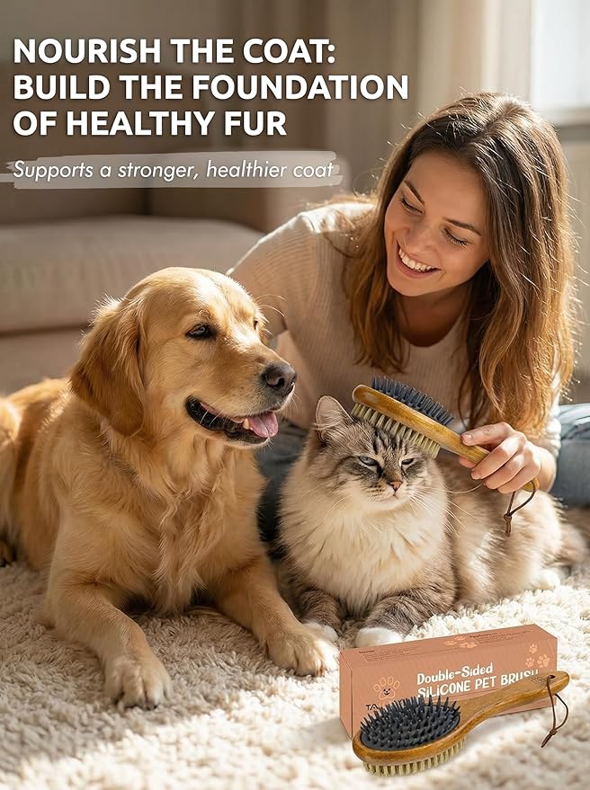 TAKAVU Short Hair Dog & Cat Deshedding Brush - Double Sided Grooming Tool with Silicone Massage & Bristle Sides - Removes Loose Fur & Dirt - Wood Handle