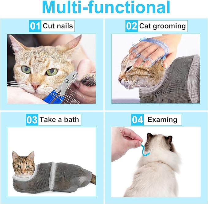 Patelai 5 Pcs Cat Bathing Bag Set Cat Grooming Bag Adjustable Pet Shower Net Muzzles Nail Clipper Tick Remover Tool Massage Brush(Grey-White)