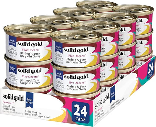 Solid Gold Wet Cat Food Shreds in Gravy - Healthy Canned Cat Food Made w/Real Tuna, Shrimp, Vitamins, Minerals & Taurine - Grain Free & Gluten Free Canned Meals for Cats & Kittens - 24ct/3oz Can