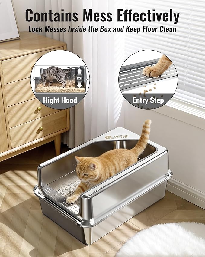 PETNF All Metal Cat Litter Box - All Stainless Steel Litter Box, Odor-Free Large Capacity with Included Litter Scoop, Leak-Proof High-Sided, Easy-to-Maintain for Big Cats & Multi-Cat Homes (1 Pack)