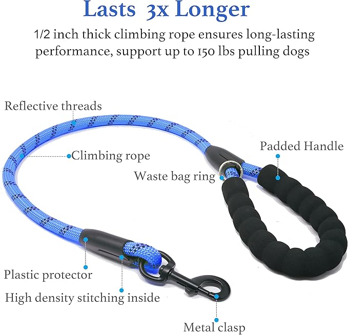 iYoShop Dual Dog Leash - 360° Swivel, No Tangle Walking Leash with Shock Absorbing Bungee for Two Dogs (Large, 25-150 lbs, Royal Blue)