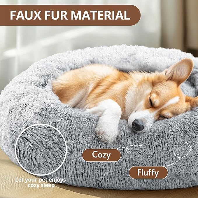 JOLLYVOGUE Calming Dog Bed Medium Size Dog, Anti-Anxiety Donut Medium Pet Bed, 27 inches Fluffy Faux Fur Round Cat Bed (Smoke Grey)
