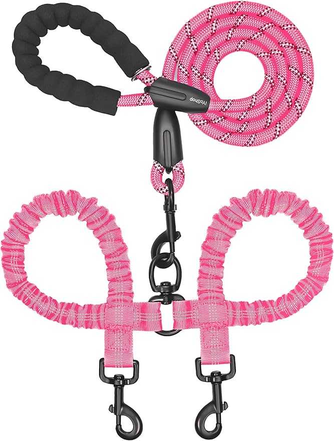 iYoShop Dual Dog Leash - 360° Swivel, No Tangle Walking Leash with Shock Absorbing Bungee for Two Dogs (Large, 25-150 lbs, Pink)