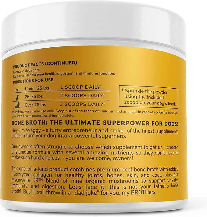 Wonder Paws Bone Broth for Dogs – Bone Broth Powder with Organic Mushrooms & Collagen for Digestion, Immunity & Joint Support – Tasty Beef Supplement for Dogs of All Ages, Sizes & Breeds – 3.20 oz