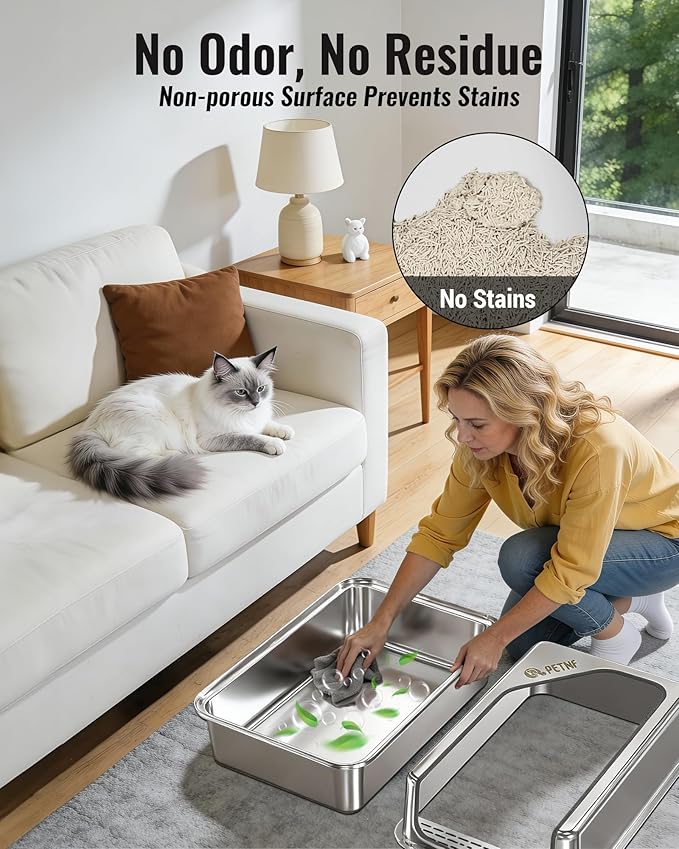 PETNF All Metal Cat Litter Box - All Stainless Steel Litter Box, Odor-Free Large Capacity with Included Litter Scoop, Leak-Proof High-Sided, Easy-to-Maintain for Big Cats & Multi-Cat Homes (1 Pack)