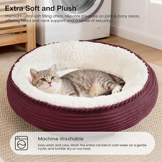 Love's cabin Round Donut Cat and Dog Cushion Bed, 20in Pet Bed for Cats or Small Dogs, Anti-Slip & Water-Resistant Bottom, Super Soft Durable Fabric Pet beds, Washable Luxury Bed Burgundy Stripe
