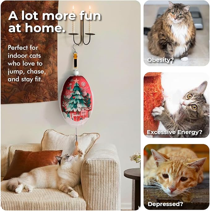 Interactive Cat Toys for Indoor Cats, Automatic Concealed Hide and Seek Hanging Feather Cat Toy, Rechargeable Motion-Activated Enrichment Toys for Bored Adult Cats (Christmas Tree Pattern）