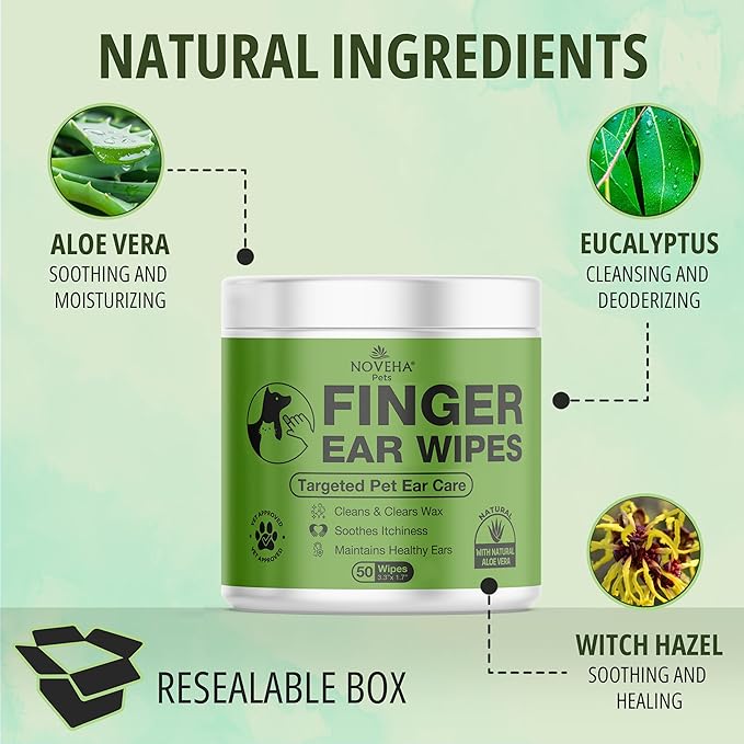 NOVEHA Dog Ear Wipes Finger Glove Fit | Easy Ear Cleaning for Dogs & Puppies, Cats & Kittens | Gentle Pet Ear Cleaner Finger Wipes for Puppy, Kitten & More | Cat & Dog Ear Wash | 2PK - 50ct