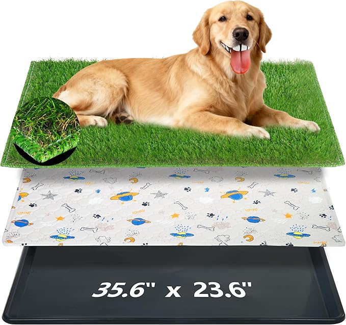 Reusable Dog Loo System with Artificial Grass Turf&Pee Pads&Tray, for Puppy Potty Training is Portable&Easy to Clean,35x23in Large Dog Litter Box Toilet for Indoor/Outdoor use（Large）