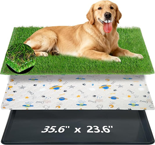 Reusable Dog Loo System with Artificial Grass Turf&Pee Pads&Tray, for Puppy Potty Training is Portable&Easy to Clean,35x23in Large Dog Litter Box Toilet for Indoor/Outdoor use（Large）